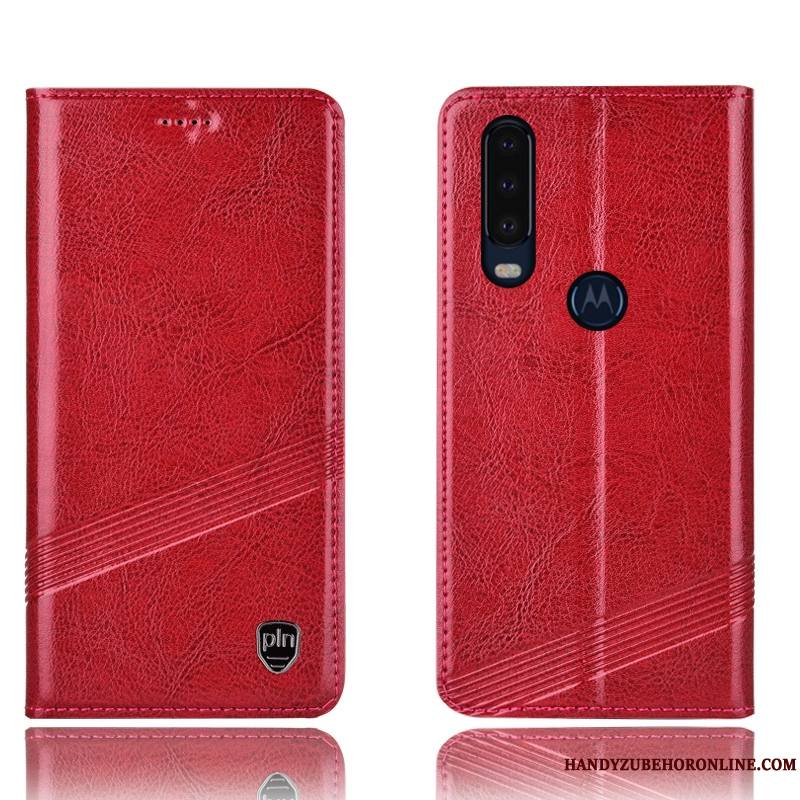 Motorola One Action Housse Coque De Téléphone Protection Étui Cuir Véritable Incassable Rouge