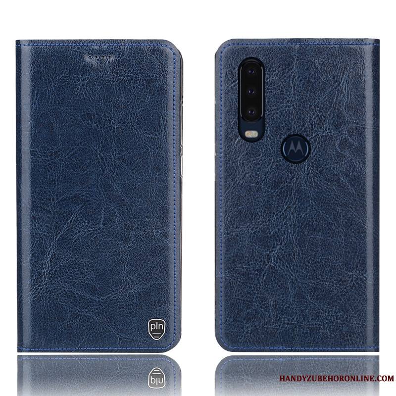 Motorola One Action Incassable Étui Cuir Véritable Housse Bleu Protection Coque De Téléphone