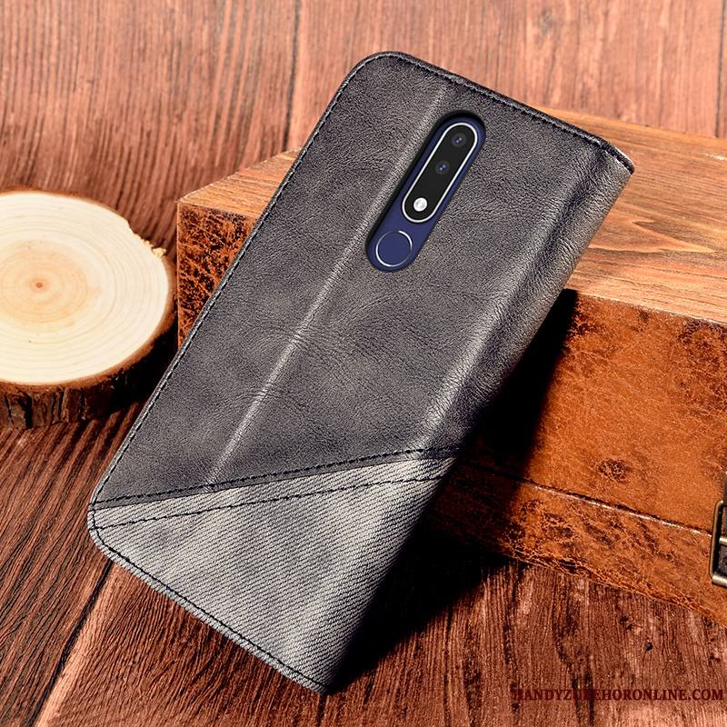 Nokia 3.1 Plus Coque Noir Support Carte Étui En Cuir Vent Épissure