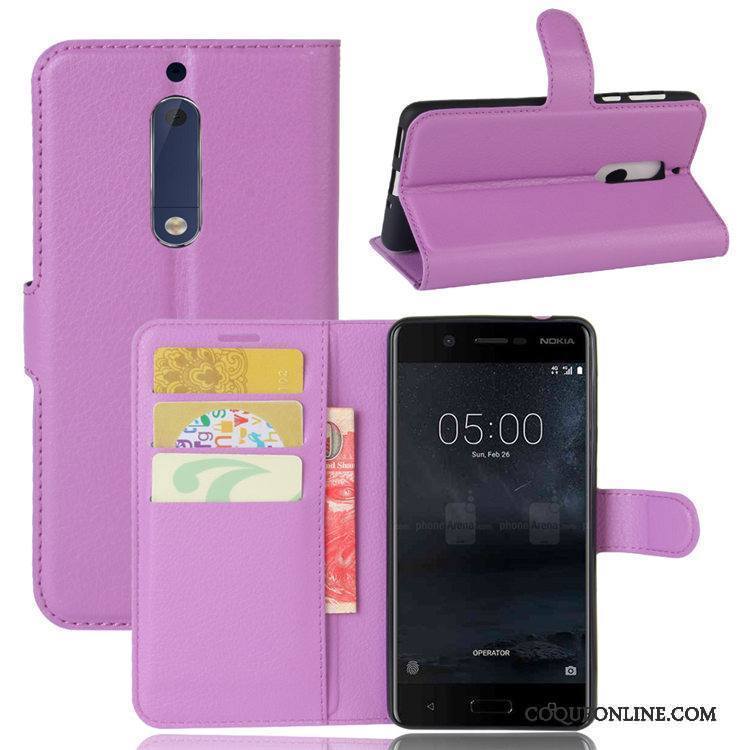 Nokia 5 Carte Violet Étui En Cuir Litchi Modèle Fleurie Téléphone Portable Coque De Téléphone