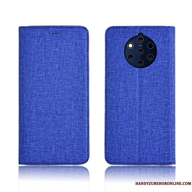 Nokia 9 Pureview Coque Téléphone Portable Incassable Bleu Clamshell Étui En Cuir Lin Protection