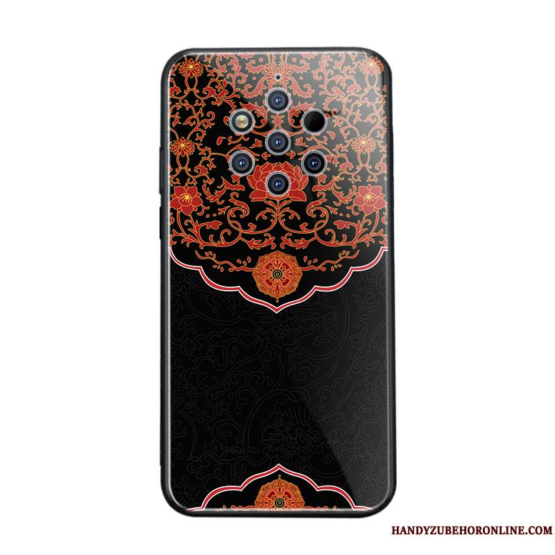 Nokia 9 Pureview Personnalité Coque De Téléphone Marque De Tendance Style Chinois Noir Verre Net Rouge