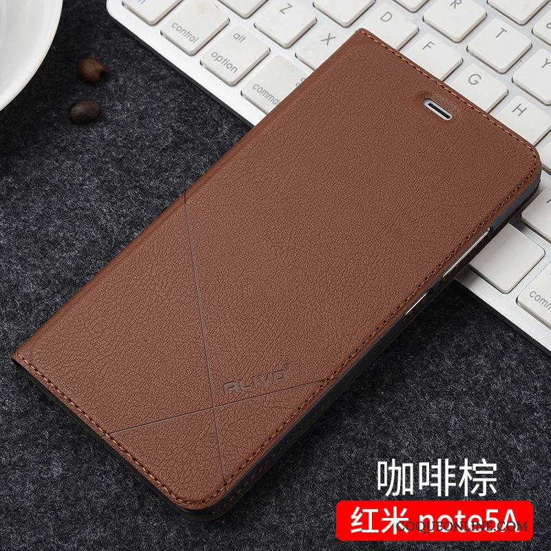 Redmi Note 5a Incassable Petit Étui En Cuir Clamshell Marron Coque De Téléphone Rouge