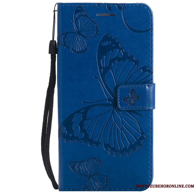 Redmi Note 7 Coque Bleu Marin Étui En Cuir Fleurs De Papillons Rouge Protection Petit Incassable
