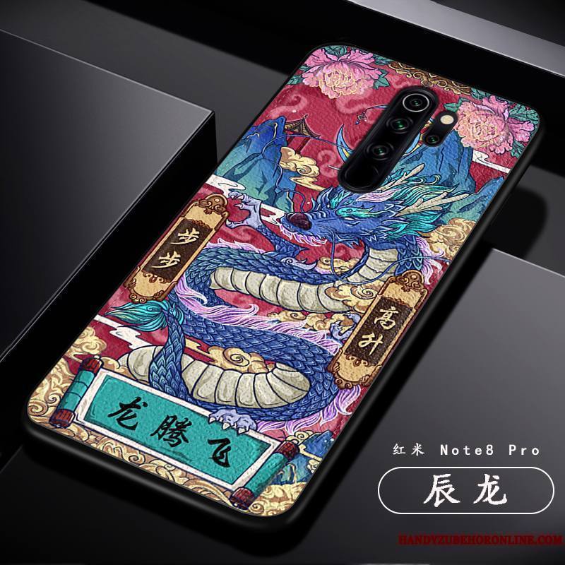 Redmi Note 8 Pro Coque Tout Compris Créatif Dragon Modèle Fleurie Tendance Personnalité Rouge