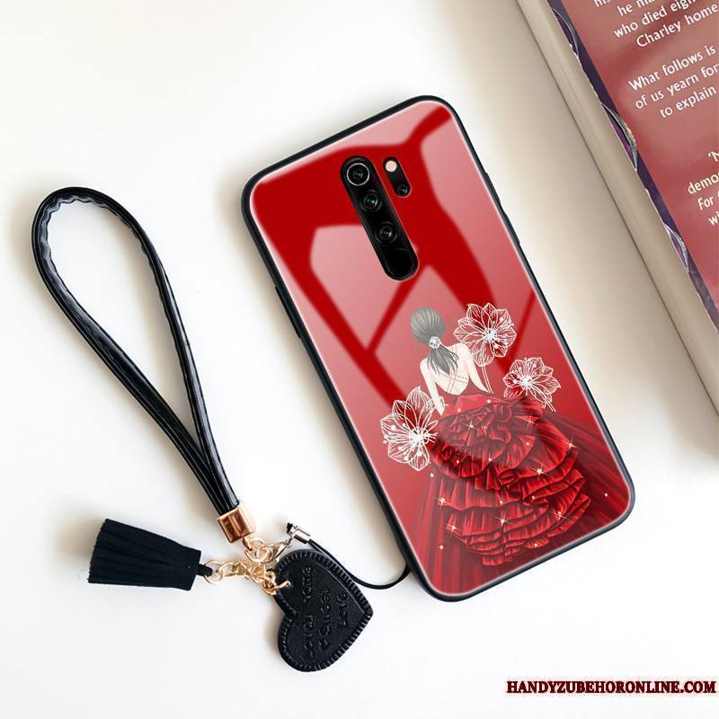 Redmi Note 8 Pro Plissé Ornements Suspendus Silicone Net Rouge Verre Coque De Téléphone Marque De Tendance