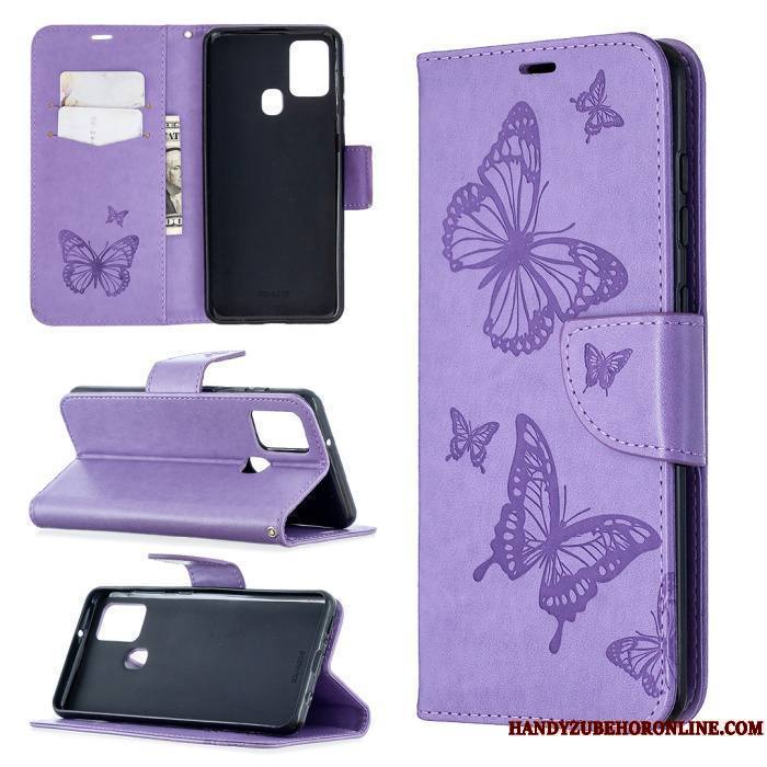 Samsung Galaxy A21s Coque Étoile Étui En Cuir En Relief Téléphone Portable Papillon Violet Incassable