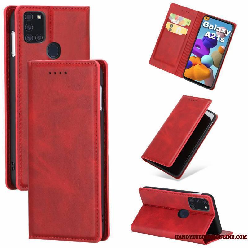 Samsung Galaxy A21s Étoile Tout Compris Cuir Modèle Fleurie Rouge Une Agrafe Coque De Téléphone