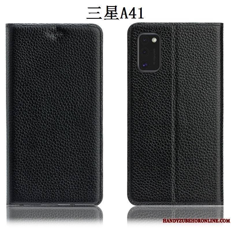 Samsung Galaxy A41 Coque Protection Noir Incassable Étui Litchi Étui En Cuir Étoile