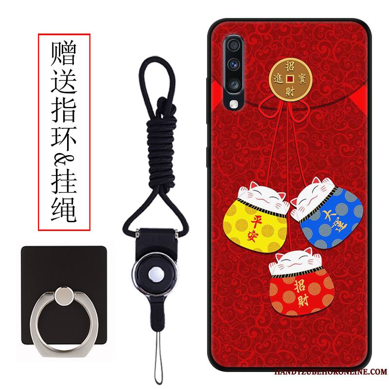 Samsung Galaxy A70 Protection Coque De Téléphone Chat Délavé En Daim Étui Dessin Animé Rouge