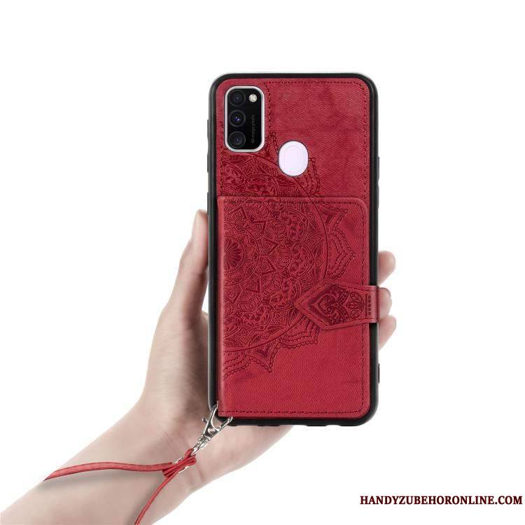 Samsung Galaxy M30s Coque Carte Étoile Modèle Fleurie Ornements Suspendus Rouge Tissu Étui