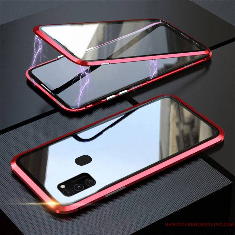 Samsung Galaxy M30s Coque Étui Incassable Transparent Rouge Magnétisme Verre