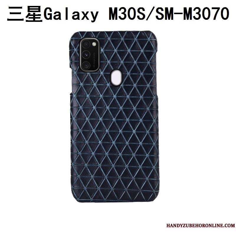 Samsung Galaxy M30s Luxe Cuir Véritable Bleu Couvercle Arrière Téléphone Portable Plaid Coque De Téléphone