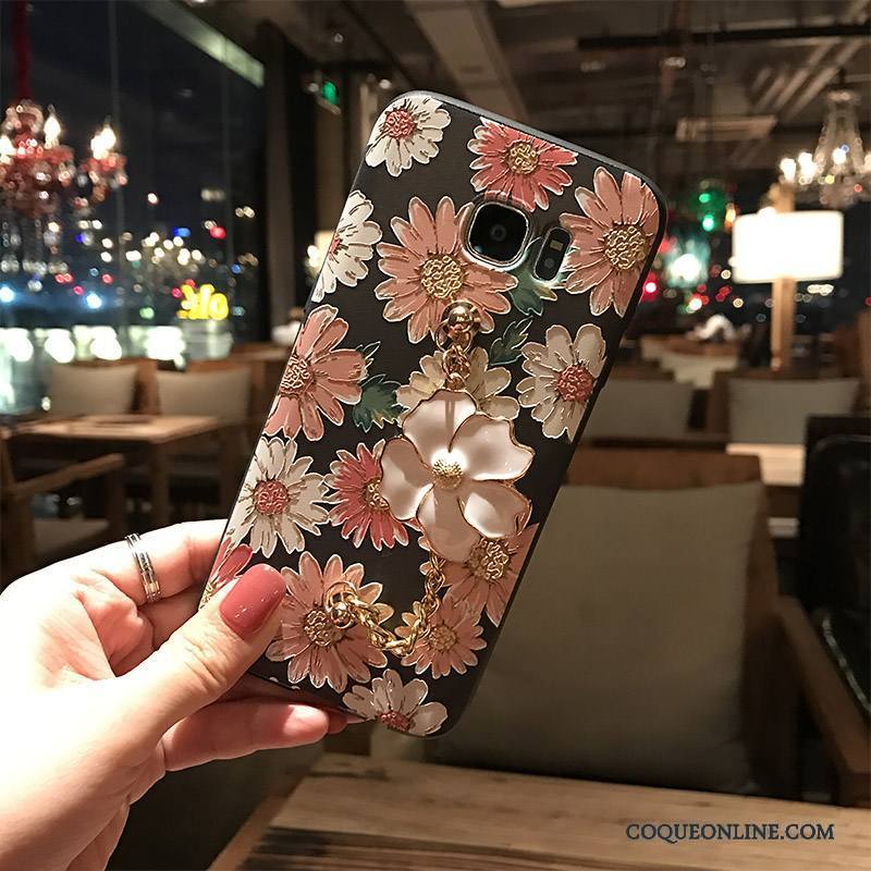 Samsung Galaxy Note 5 Coque Délavé En Daim Étoile Fleurs Noir Fluide Doux Gaufrage Multicolore