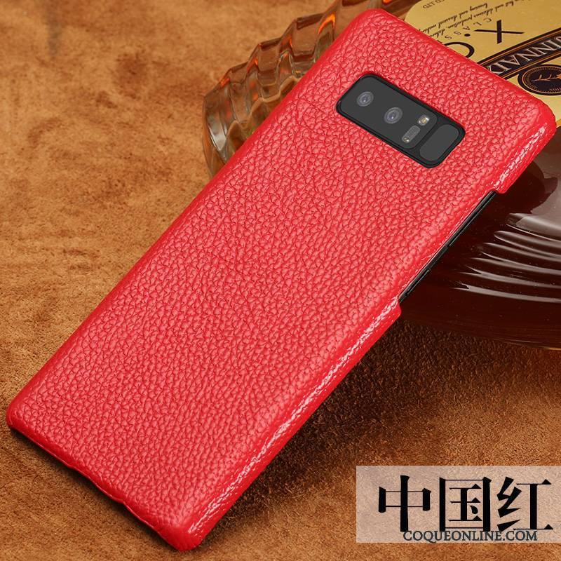 Samsung Galaxy Note 8 Coque Étui En Cuir Border Rouge Étoile Couleur Unie Cuir Véritable Simple