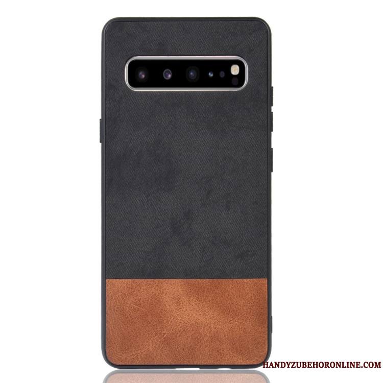 Samsung Galaxy S10 5g Cuir Coque Denim De Téléphone Couture Couleurs Étui Noir