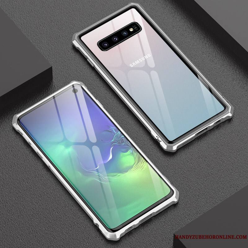 Samsung Galaxy S10+ Coque Étui Métal Border Créatif Étoile Gris Verre Trempé