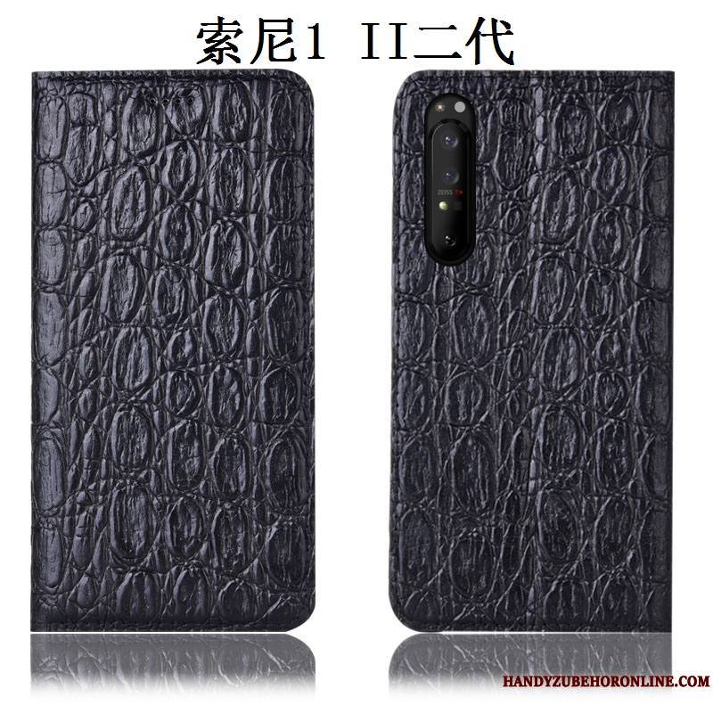 Sony Xperia 1 Ii Housse Cuir Véritable Coque De Téléphone Modèle Fleurie Étui Incassable Noir