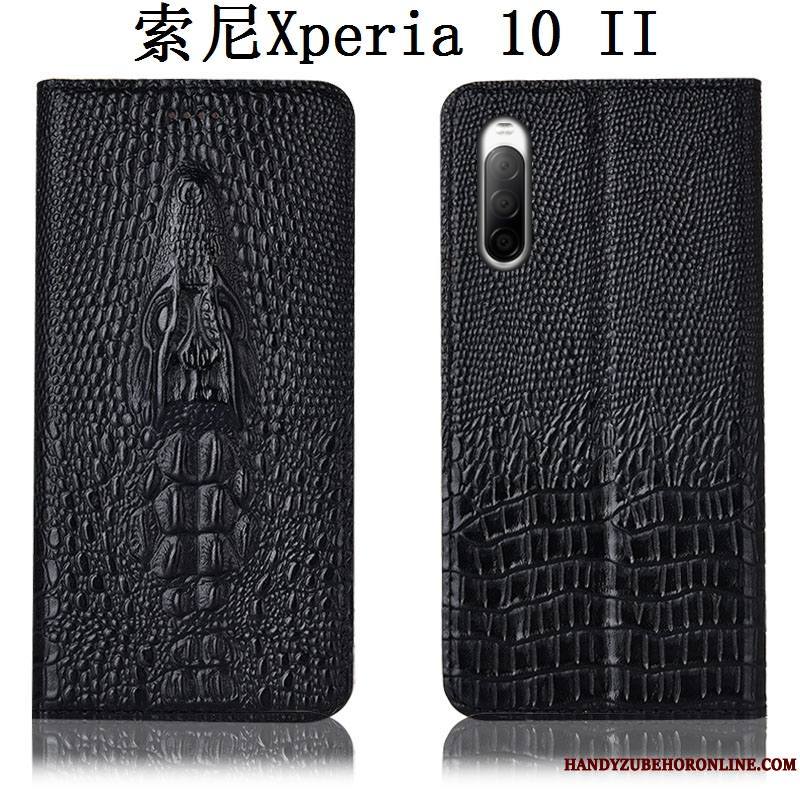 Sony Xperia 10 Ii Crocodile Étui En Cuir Incassable Protection Noir Housse Coque De Téléphone