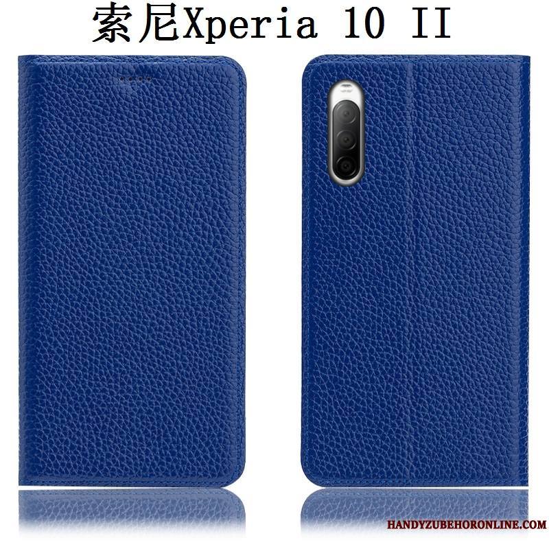 Sony Xperia 10 Ii Modèle Fleurie Coque De Téléphone Étui Litchi Bleu Protection Incassable