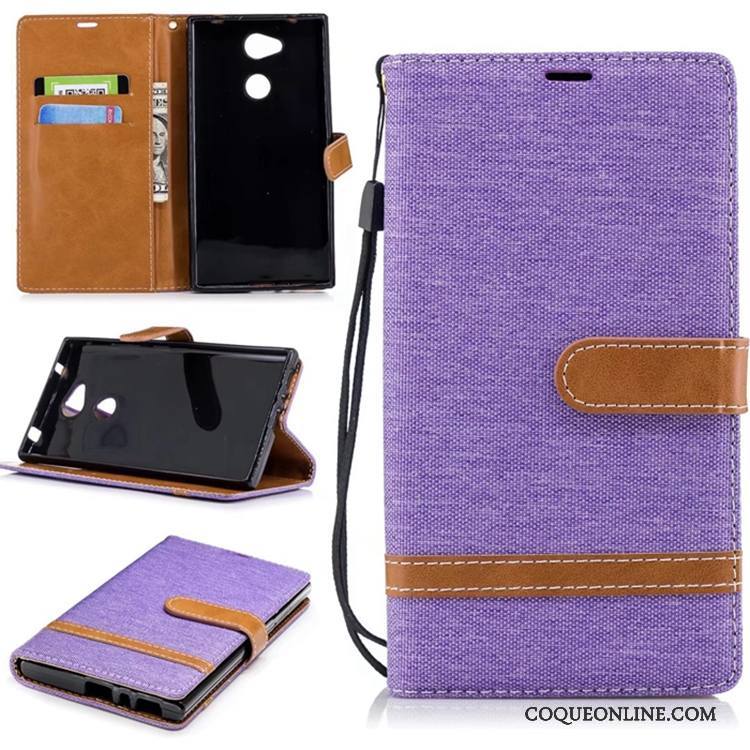 Sony Xperia Xa2 Coque Portefeuille Violet En Denim Téléphone Portable Support Pure Carte