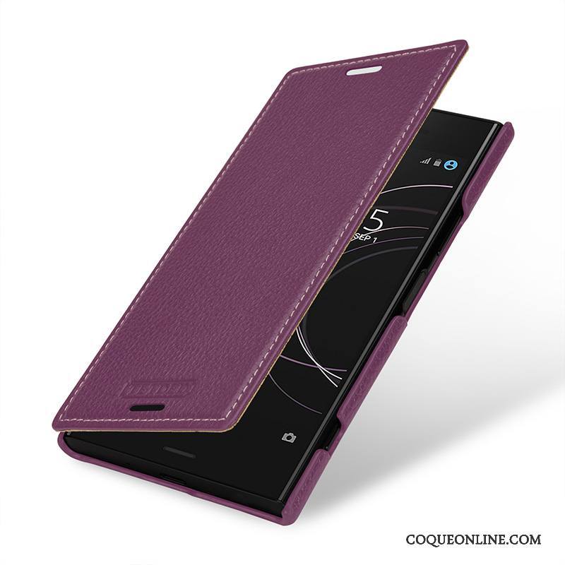 Sony Xperia Xz1 Compact Protection Étui Violet Housse Coque De Téléphone Cuir Véritable Incassable