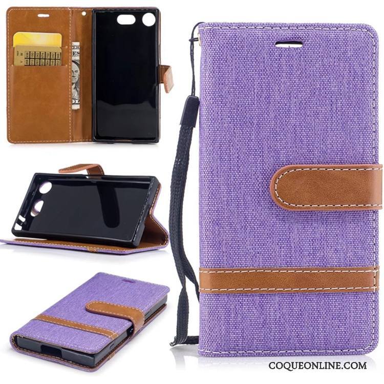 Sony Xperia Xz1 Compact Étui En Cuir Violet En Denim Support Coque De Téléphone Incassable Portefeuille