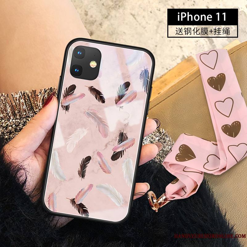 iPhone 11 Nouveau Plume Verre Rose Luxe Tendance Coque De Téléphone