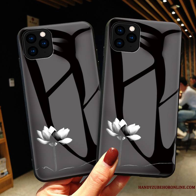 iPhone 11 Pro Coque Fleur Blanc Étui Verre Ligne Style Chinois Mode