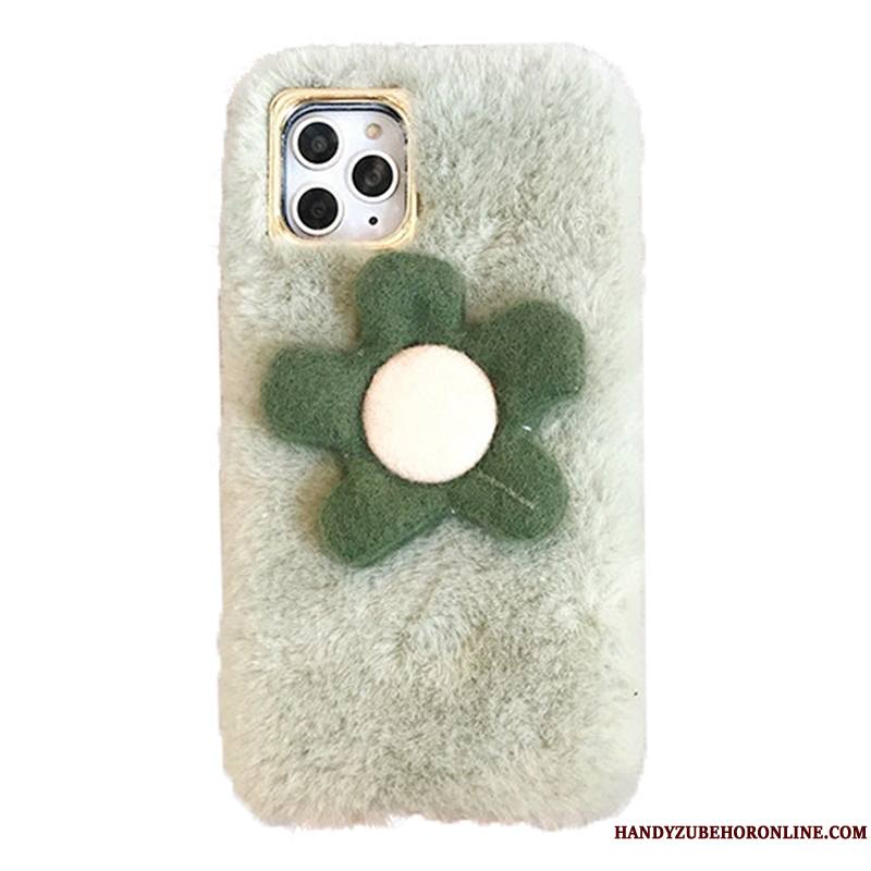 iPhone 11 Pro Max Protection Velours Peluche Étui Fleurs Coque De Téléphone Vert