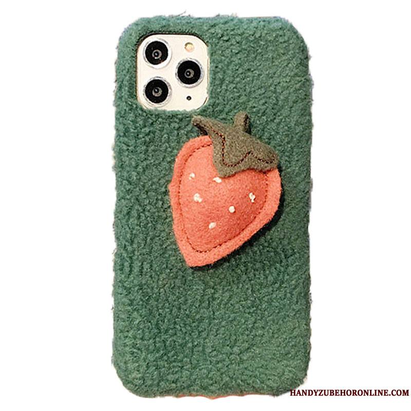 iPhone 11 Pro Max Vert Peluche Tissu Frais Coque De Téléphone Dimensionnel Fraise