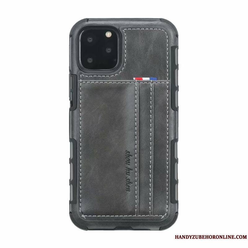 iPhone 11 Pro Étui En Cuir Incassable Carte Gris Coque De Téléphone Tout Compris Vintage