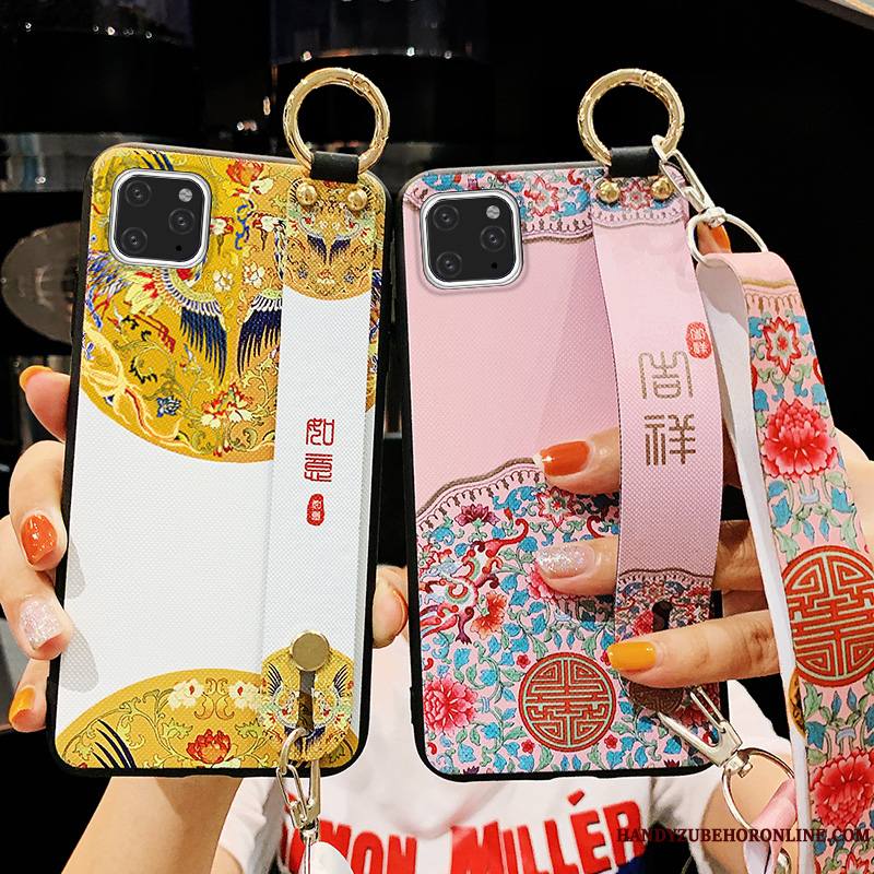 iPhone 11 Pro Étui Silicone Ornements Suspendus Net Rouge Jaune Style Chinois Coque De Téléphone