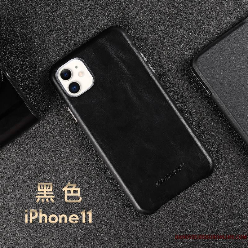 iPhone 11 Tout Compris Cuir Véritable Coque De Téléphone Bovins Incassable Très Mince Noir