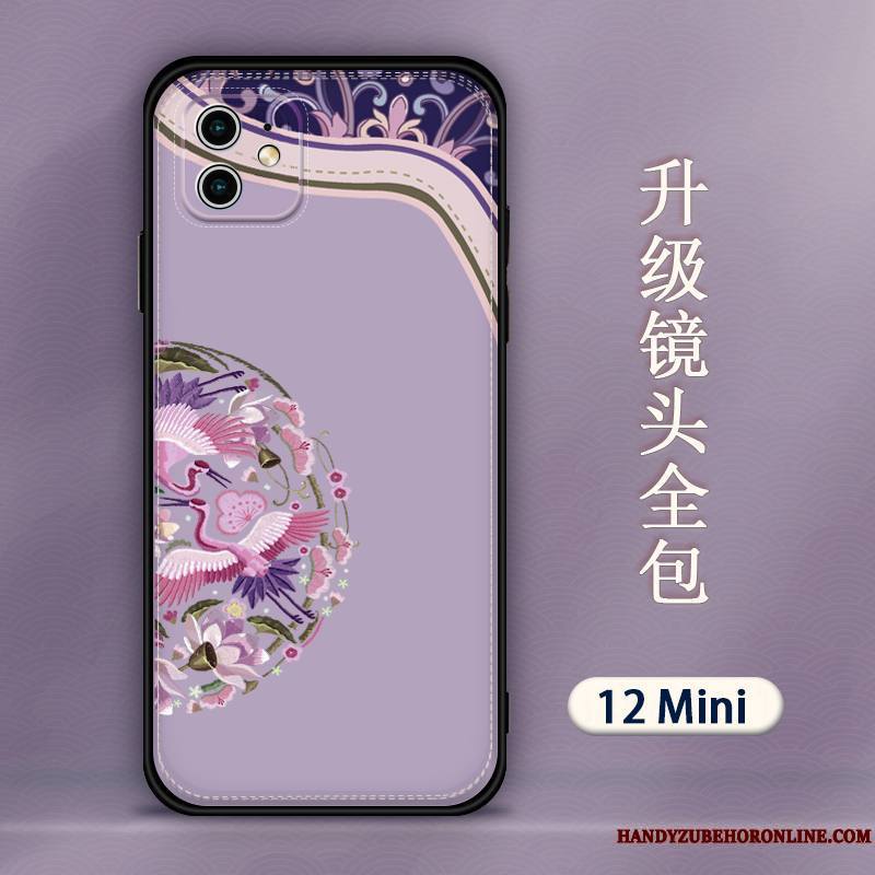 iPhone 12 Mini Coque De Téléphone Incassable Délavé En Daim Modèle Fleurie Étui Personnalité Style Chinois