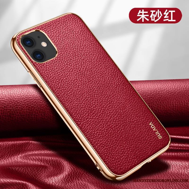 iPhone 12 Mini Coque Tout Compris Luxe Étui Cuir Véritable Protection Net Rouge Incassable