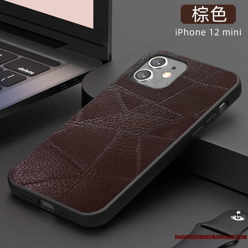 iPhone 12 Mini Personnalité Cuir Haut Étui En Cuir Coque De Téléphone Marron Cuir Véritable Incassable