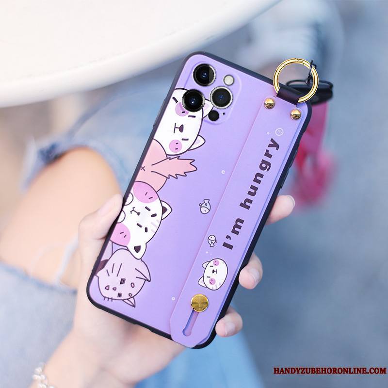 iPhone 12 Pro Max Coque Dessin Animé Ornements Suspendus Délavé En Daim Incassable Silicone Tout Compris Violet