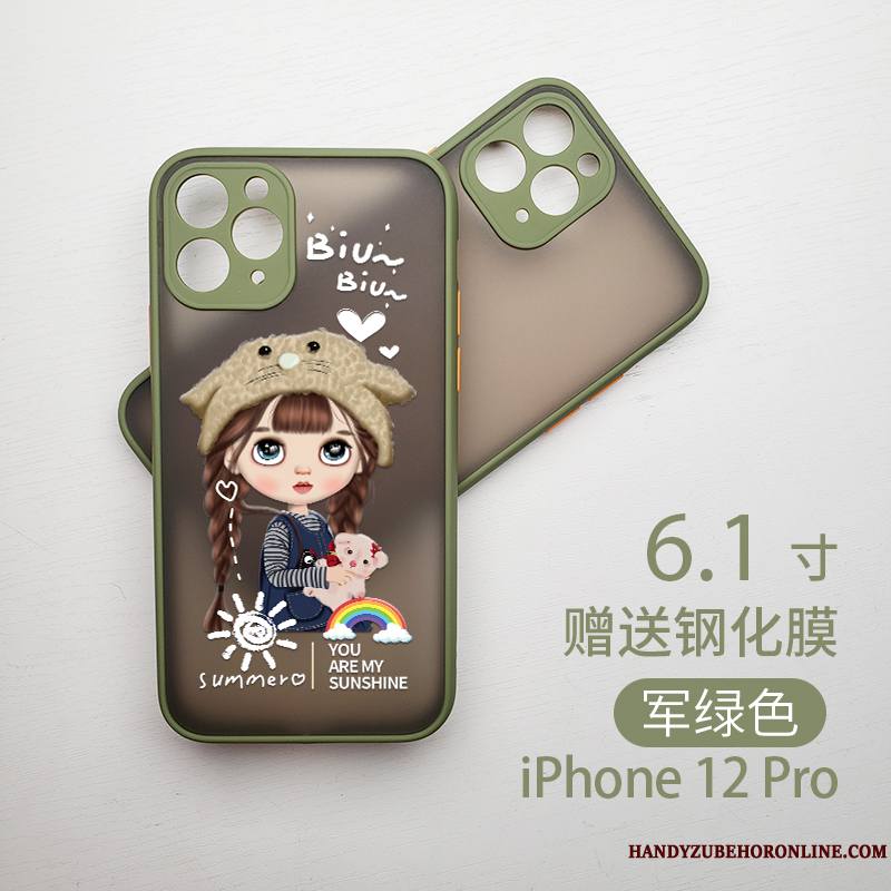 iPhone 12 Pro Tout Compris Vert Dessin Animé Incassable Coque De Téléphone Délavé En Daim Marque De Tendance
