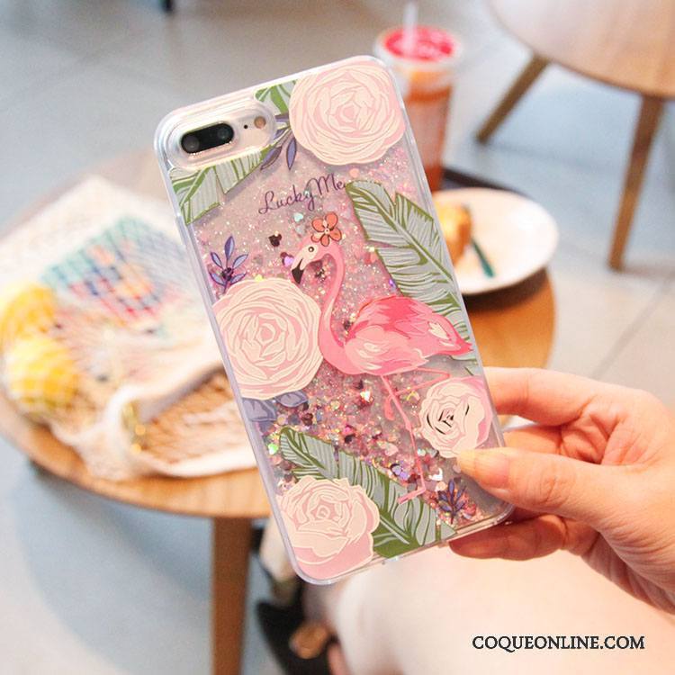 iPhone 7 Plus Quicksand Rose Fleurs Liquide Oiseau Coque De Téléphone