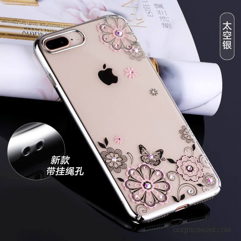 iPhone 8 Coque Argent Nouveau Strass Transparent Luxe Incassable Étui