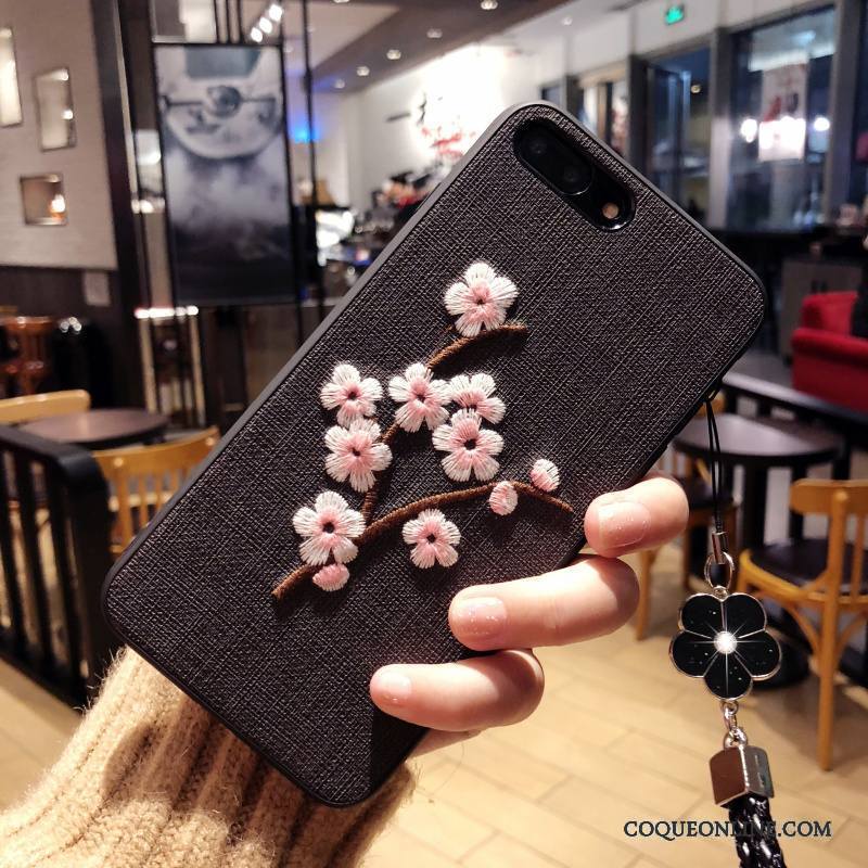 iPhone X Coque De Téléphone Broderie Fluide Doux Fleurs Étui Noir Protection