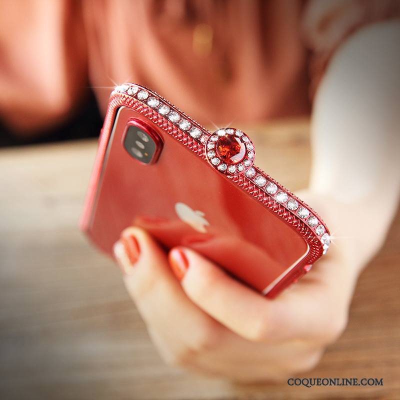 iPhone X Coque Rouge Incassable Métal Nouveau Étui Tendance Incruster Strass