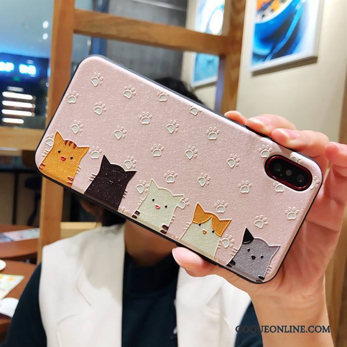 iPhone X Coque Soie Mulberry Dessin Animé Rose Incassable Chat Créatif Gaufrage