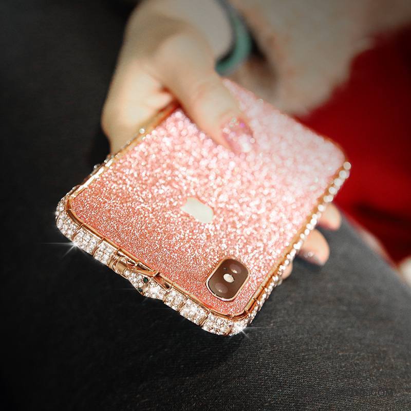 iPhone X Étui Délavé En Daim Métal Strass Rose Coque De Téléphone Incruster Strass