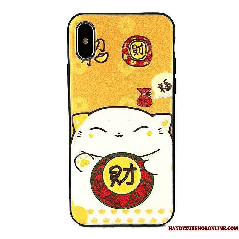 iPhone Xs Coque De Téléphone Jaune Chat Charmant Richesse Gaufrage Fluide Doux