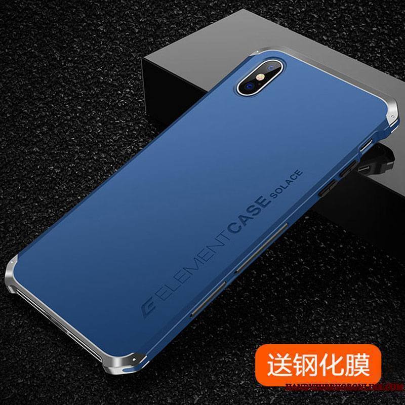 iPhone Xs Coque Délavé En Daim Incassable Étui Marque De Tendance Métal Bleu Tout Compris