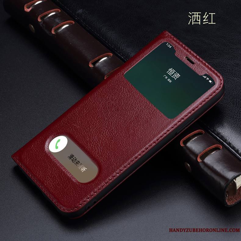 iPhone Xs Max Coque Téléphone Portable Cuir Véritable Housse Incassable Étui Ouvrir La Fenêtre Vin Rouge